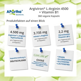APOrtha Argiviron® L-Arginin 4500 + Vitamin B1 - 360 vegane Kapseln