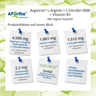 APOrtha Argiviron® L-Arginin + L-Citrullin 4500 + Vitamin B1 - 360 vegane Kapseln
