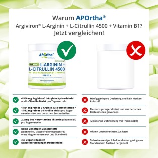 APOrtha Argiviron® L-Arginin + L-Citrullin 4500 + Vitamin B1 - 360 vegane Kapseln