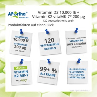 Vitamin D3 10.000 IE + Vitamin K2 VitaMK7® 200 µg - 120 vegetarische Kapseln