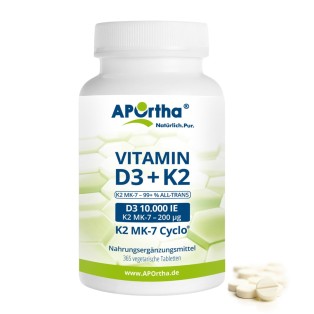 Vitamin D3 10.000 IE + Natto Vitamin K2 MK7 200 µg - 365 vegane Tabletten