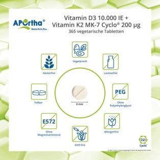 Vitamin D3 10.000 IE + Natto Vitamin K2 MK7 200 µg - 365 vegane Tabletten