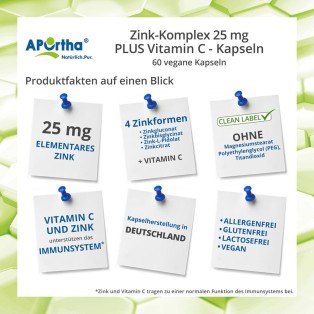 APOrtha Zink-Komplex + Vitamin C - 25 mg Zink - 60 vegane Kapseln