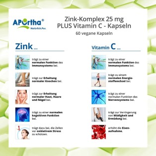 APOrtha Zink-Komplex + Vitamin C - 25 mg Zink - 60 vegane Kapseln