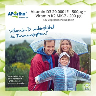 Vitamin D3 20.000 IE + Vitamin K2 MK-7 200 µg - 120 vegetarische Kapseln