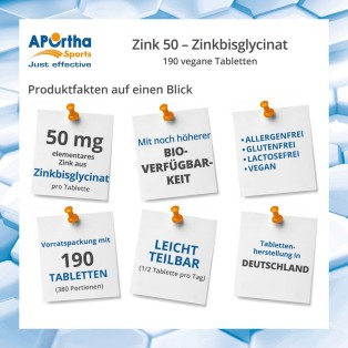 APOrtha Sports Zink 50 - Zinkbisglycinat - 190 vegane Tabletten