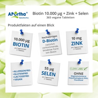 Biotin 10.000 µg + Zink + Selen - 365 vegane Tabletten