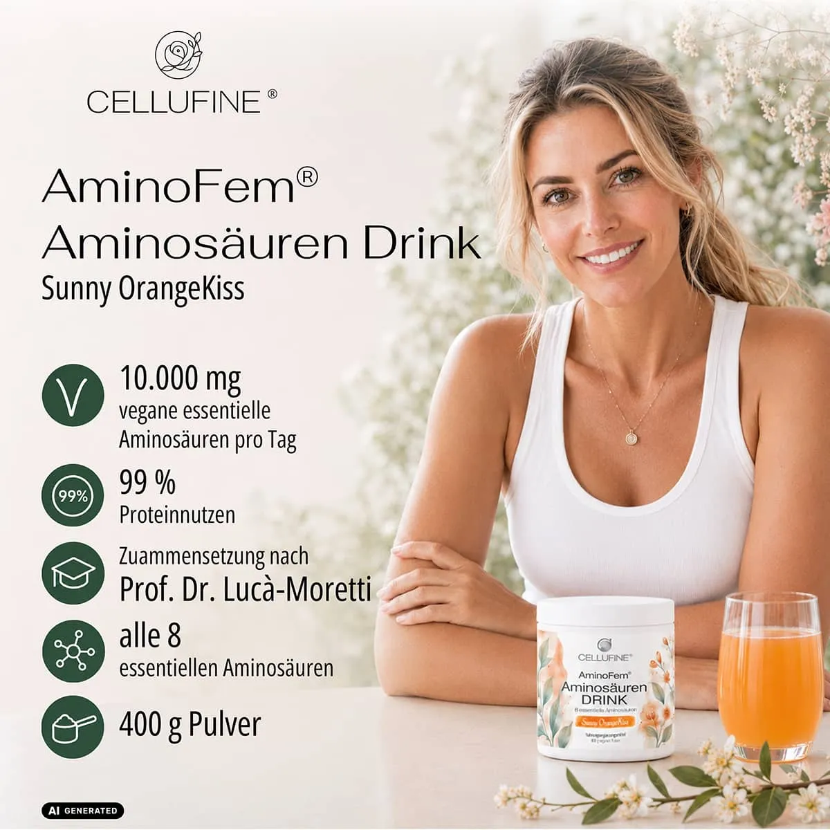 Cellufine® AminoFem® Aminosäuren Drink - Sunny OrangeKiss - 400 g veganes Pulver