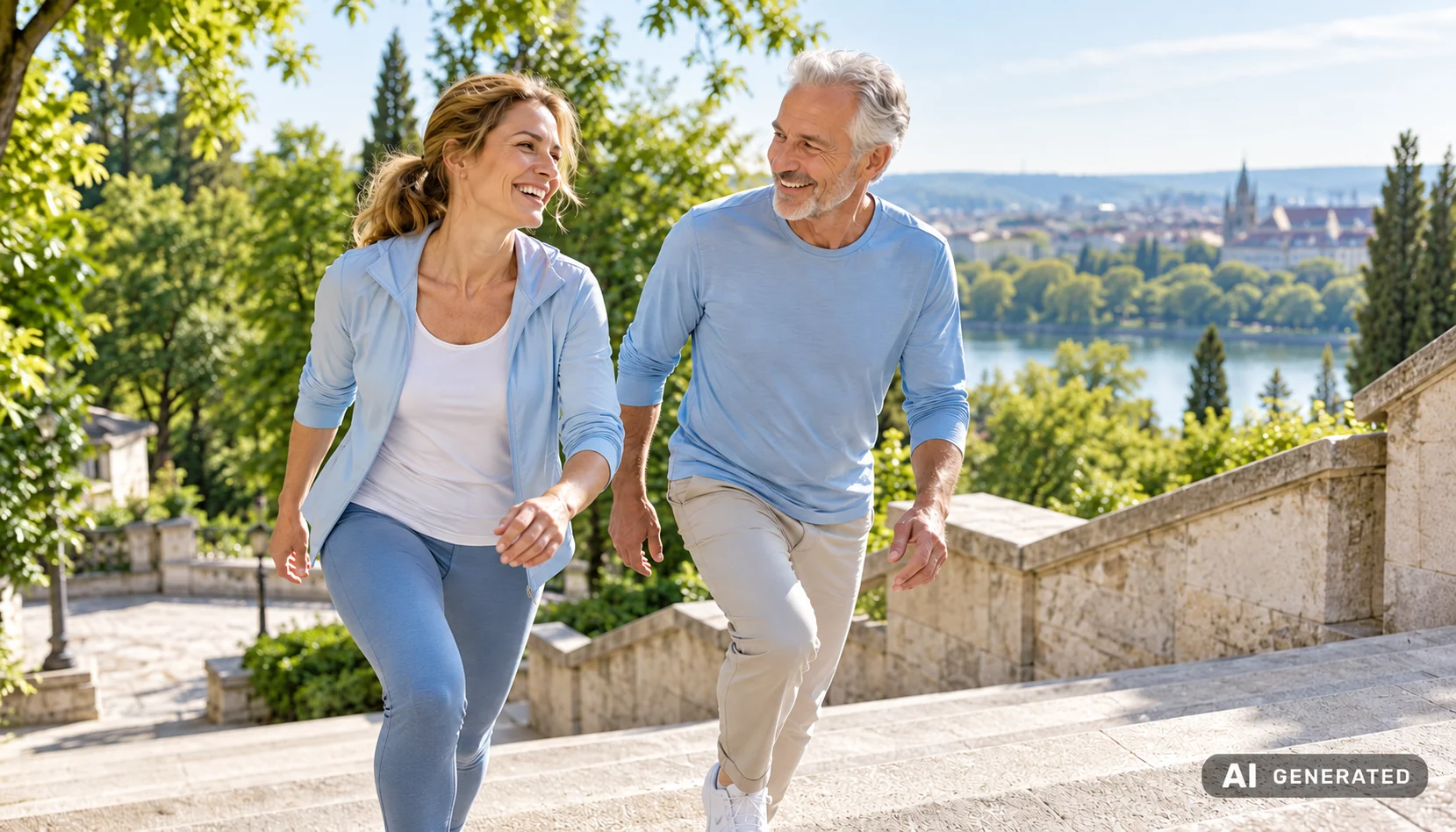 Eine Frau und ein Mann gehen lachend eine Treppe im Grünen hinauf – KI-generiertes Collagen-Symbolmotiv
