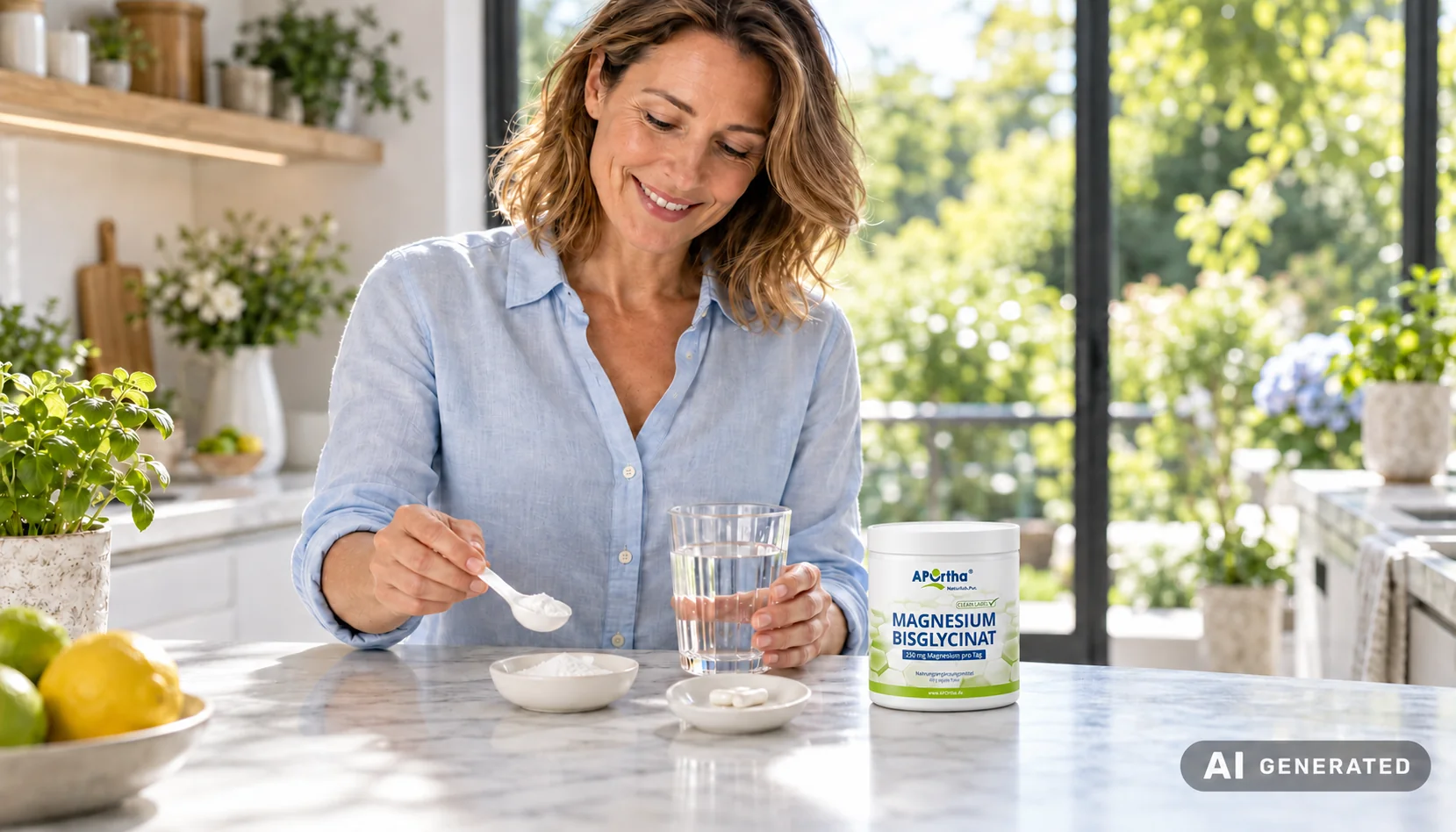 Frau mit Magnesium-Pulver, Kapseln und einer APOrtha-Magnesiumbisglycinat-Dose – KI-generiertes Motiv